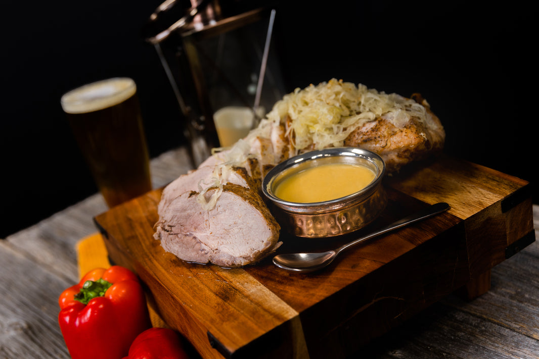 Boneless Pork Loin on the Rotisserie with Beer Sauce and Sauerkraut