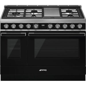 Smeg 48-inch Freestanding Dual-Fuel Range with True European Triple Convection CPF48UGMBL IMAGE 1