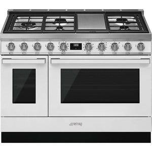 Smeg 48-inch Freestanding Dual-Fuel Range with True European Triple Convection CPF48UGMWH IMAGE 1