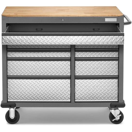 Gladiator Garageworks Premier 41-inch 9-drawer mobile tool workbench with solid wood top GAMT41HWJG IMAGE 1