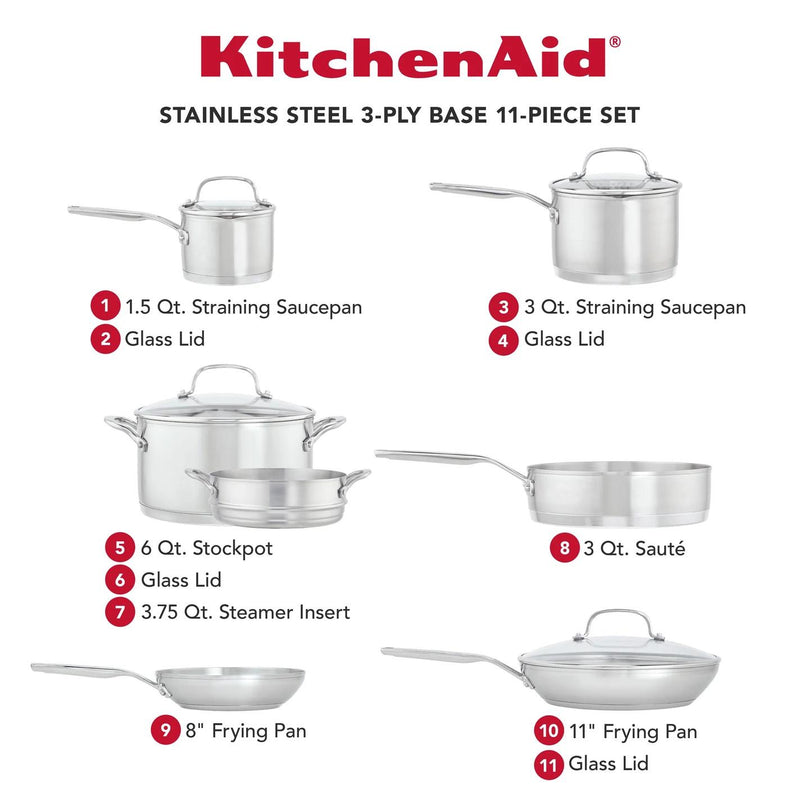 KitchenAid 11-Piece 3-Ply Base Stainless Steel Cookware Set 71001SP IMAGE 2
